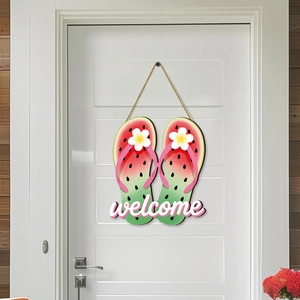 Watermelon flip flop wooden welcome sign with rope hanger for summer home wall decor