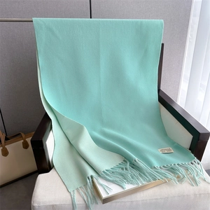 Detail of light green cashmere blend scarf with fringe draped on a chair with logo label