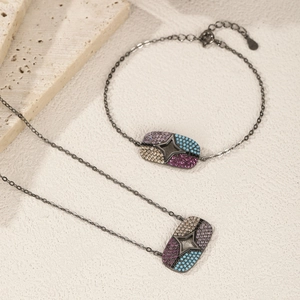 Black S925 silver necklace and bracelet set with hollow star pendant and multicolor zircon