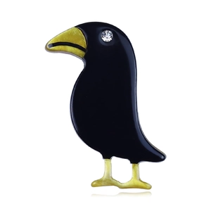 Handmade acrylic black crow brooch pin with gold beak and rhinestone eye detail
