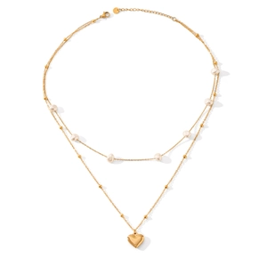 Double-layered gold stainless steel necklace with white pearls and heart pendant