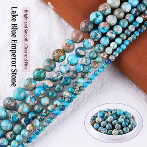 Round Imperial Jasper Beads Natural Sea Sediment Stone Blue Marble Texture For DIY Jewelry Making Polished Loose Gems