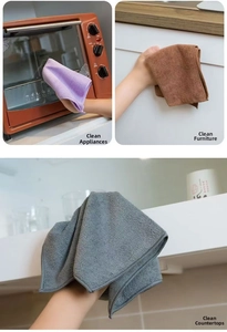 Detail showing multifunctional microfiber cloths used for cleaning ovens and furniture