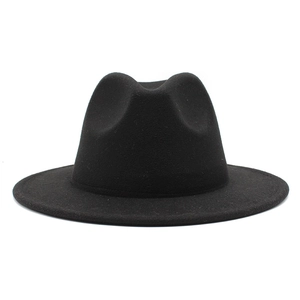 Detailed close-up of a black wool felt fedora hat with teardrop crown and flat wide brim