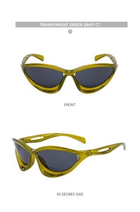 Front and 45-degree side views of transparent green Y2K cat-eye cycling sunglasses