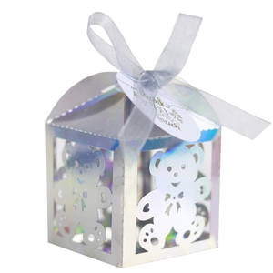 Detailed view of iridescent laser baby candy box with bear cutout and silver silk ribbon