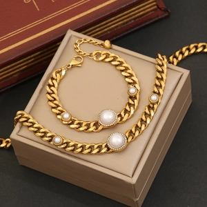 Stainless Steel Necklace Gold Plated Cuban Link Chain Round Artificial Pearl Zircon Halo Pendant Jewelry For Women Fashion Gifts