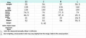 Detailed size chart with measurements for French style nylon bow jacket in centimeters
