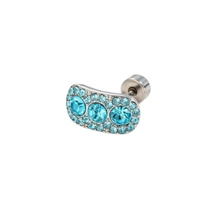 Silver curved ear stud with light blue zircon crystals and screw back closure