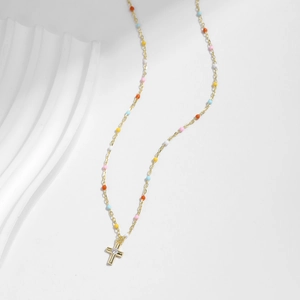 S925 sterling silver rainbow cross necklace with colorful beads on a gold chain