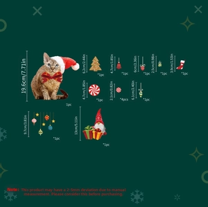 Detailed size chart showing dimensions for Christmas cat wall stickers and holiday decals