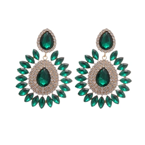 Vintage green teardrop flower earrings with sparkling crystals and gold plated finish