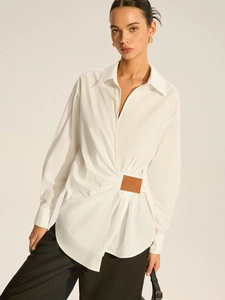 White long sleeve shirt with gathered twist design and brown leather insert details