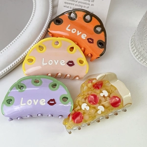 Elegant acetate pizza hair claw clip set with LOVE letters and colorful lip patterns
