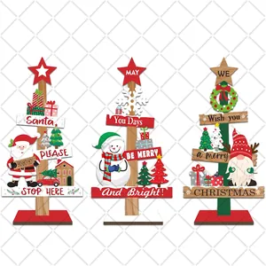 Three-piece wooden Christmas table ornaments set with Santa, Snowman and Gnome