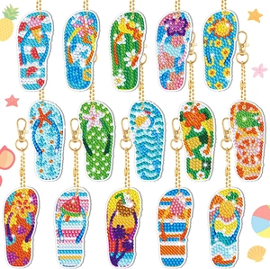 15-piece DIY diamond painting keychain set with summer flip-flop designs and gold chains
