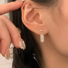 Close-up of elegant silver tassel stud earrings with delicate hanging fringe detail