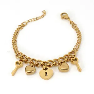 Bracelet chaîne en acier inoxydable 18K doré avec breloques cœur et clé pour femme