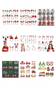 Collection of various Christmas headbands and glasses for festive party decorations