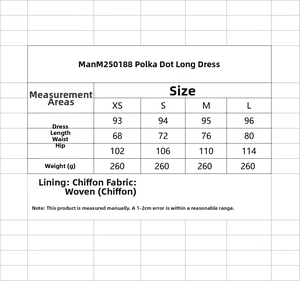 Größentabelle für gepunkteten Maxirock mit Maßen für XS S M und L in Zentimetern