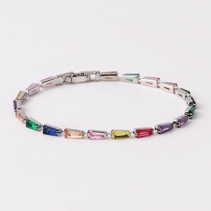 Colorful rectangular zircon chain bracelet in silver finish with secure fold-over clasp