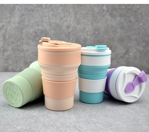 Detail showing 500ml BPA-free liquid silicone collapsible travel cups in various colors