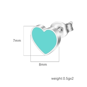 Minimalist silver stainless steel heart stud earrings with blue enamel and dimensions