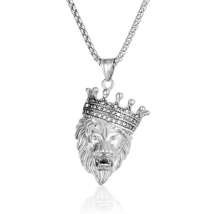 Hip hop lion head pendant with rhinestone crown and silver chain on white background