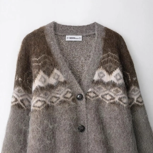 Women's V-neck taupe knit cardigan with geometric jacquard pattern and plush texture