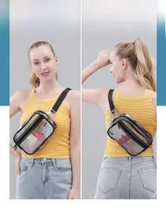 Waterproof clear PVC waist bag with black trim showing interior items and dual views