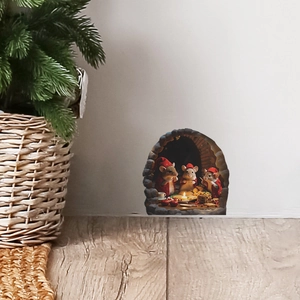 Detailed 3D Christmas mouse hole wall decal with festive mice and candlelit dinner