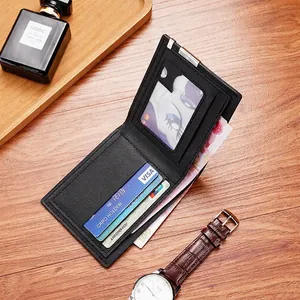 Slim black bi-fold leather wallet with lychee pattern and multi-card slots for men