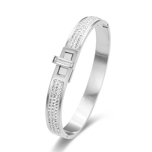 Elegant silver stainless steel buckle bracelet with pave crystals and rectangle stone