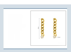 Detail specifications of 18K gold plated Cuban chain earrings with cubic zirconia and dimensions