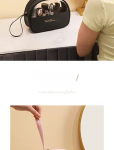 Detail view of portable large capacity travel cosmetic bag with clear window