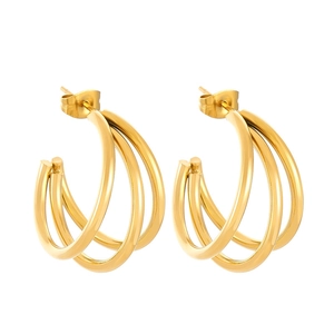 French vintage style gold triple layered C-shaped hoop earrings in polished titanium steel