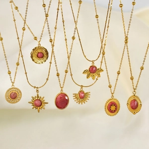 French Vintage Titanium Steel Pendant Necklace Pink Natural Stone Bohemian Sun Star Geometric Gold Plated Jewelry For Women