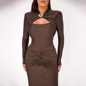 Slim fit dark brown long sleeve dress with cutout detail and golden metal buckle