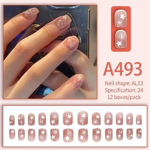 Pink translucent press-on nails with white stars, almond shape AL13, 24pcs kit