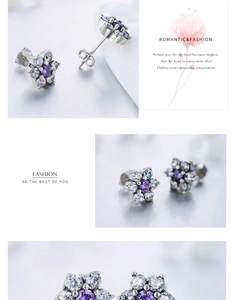 Detailed macro view of S925 sterling silver flower stud earrings with purple cubic zirconia