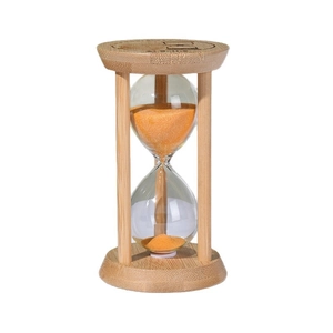 Minimalist wooden 15-minute hourglass timer with vibrant orange sand and premium wood frame