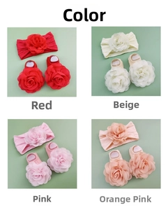 Detail view of baby headband and socks set with 3D chiffon flowers in four vibrant colors