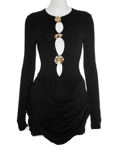 French style black long sleeve mini dress with hollow cutout and gold metal accents