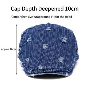Deep blue denim flat cap with white stripes, distressed texture, and 10cm depth design