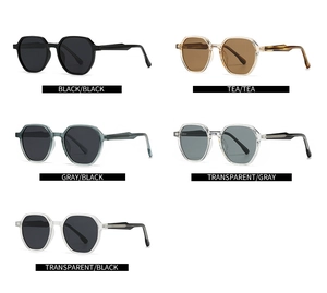 Polarized round sunglasses shown in five colors including black, tea, and transparent grey