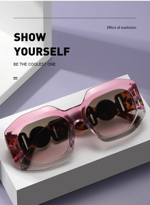 Detail of pink gradient square frame sunglasses with tortoiseshell temples on display
