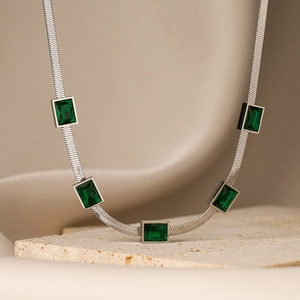 Elegant silver snake chain necklace with five emerald green rectangular zircons for women