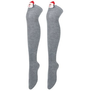 Close-up of grey over-knee socks featuring a 3D Santa Claus doll and knit textures