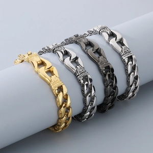 Men Vintage Totem Relief Cuban Chain Bracelet 316L Stainless Steel Retro Gothic Punk Scroll Pattern Jewelry