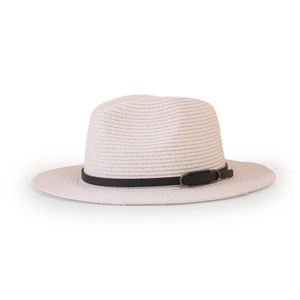 Detailed view of the fedora straw hat with a black leather band and metal buckle